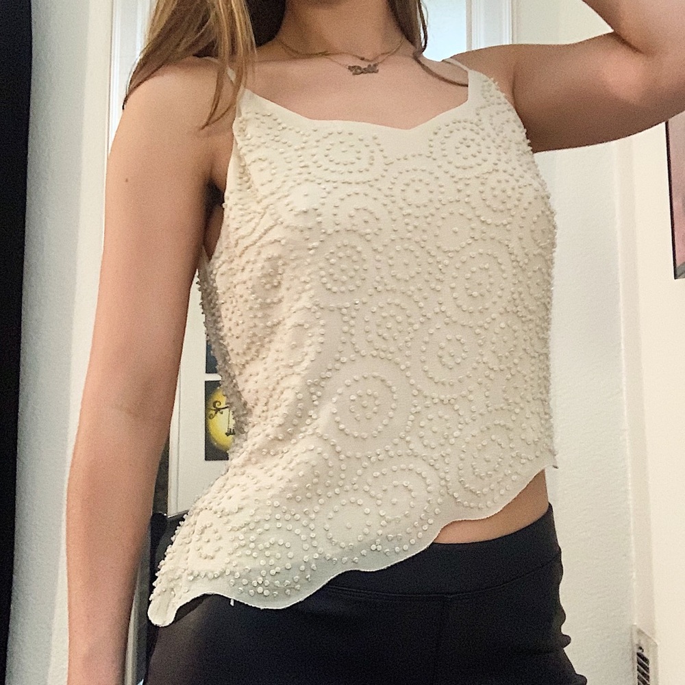 Tahari beaded asymmetrical scalloped tank top